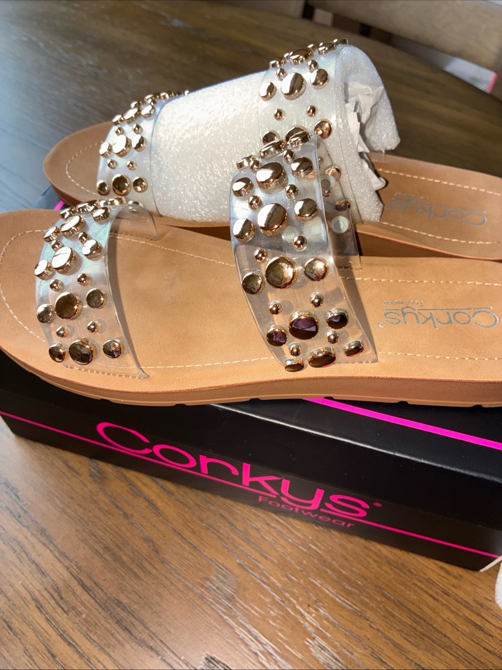 Corkys White Glitter Slide Sandals with Gold Studs - Picture 4 of 8